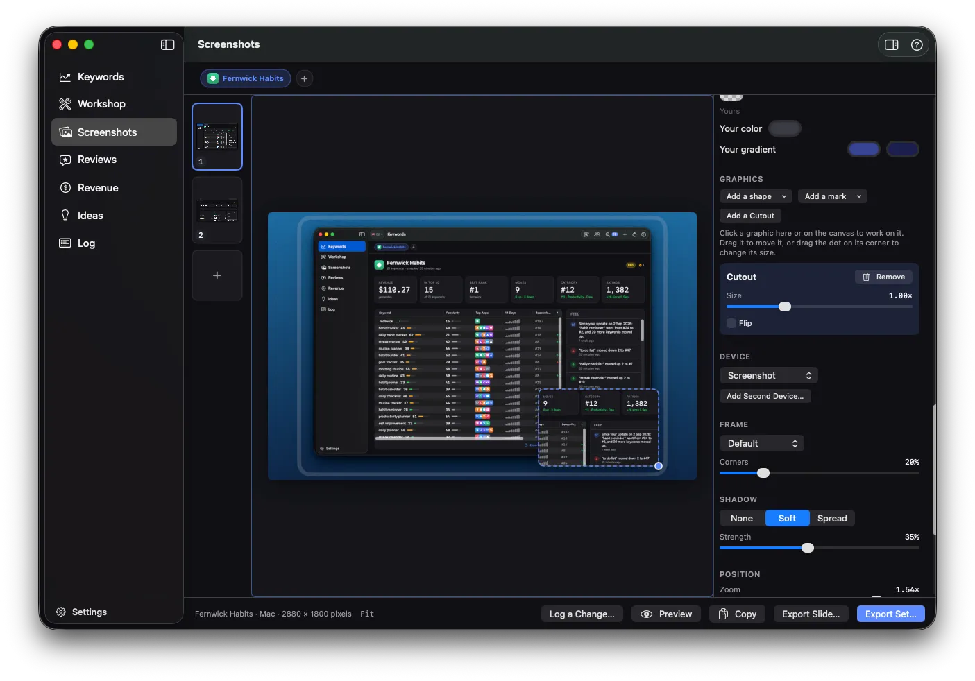 The Screenshots studio: a slide with a framed capture on a blue gradient, the slide strip on the left and the style, device and frame controls on the right.