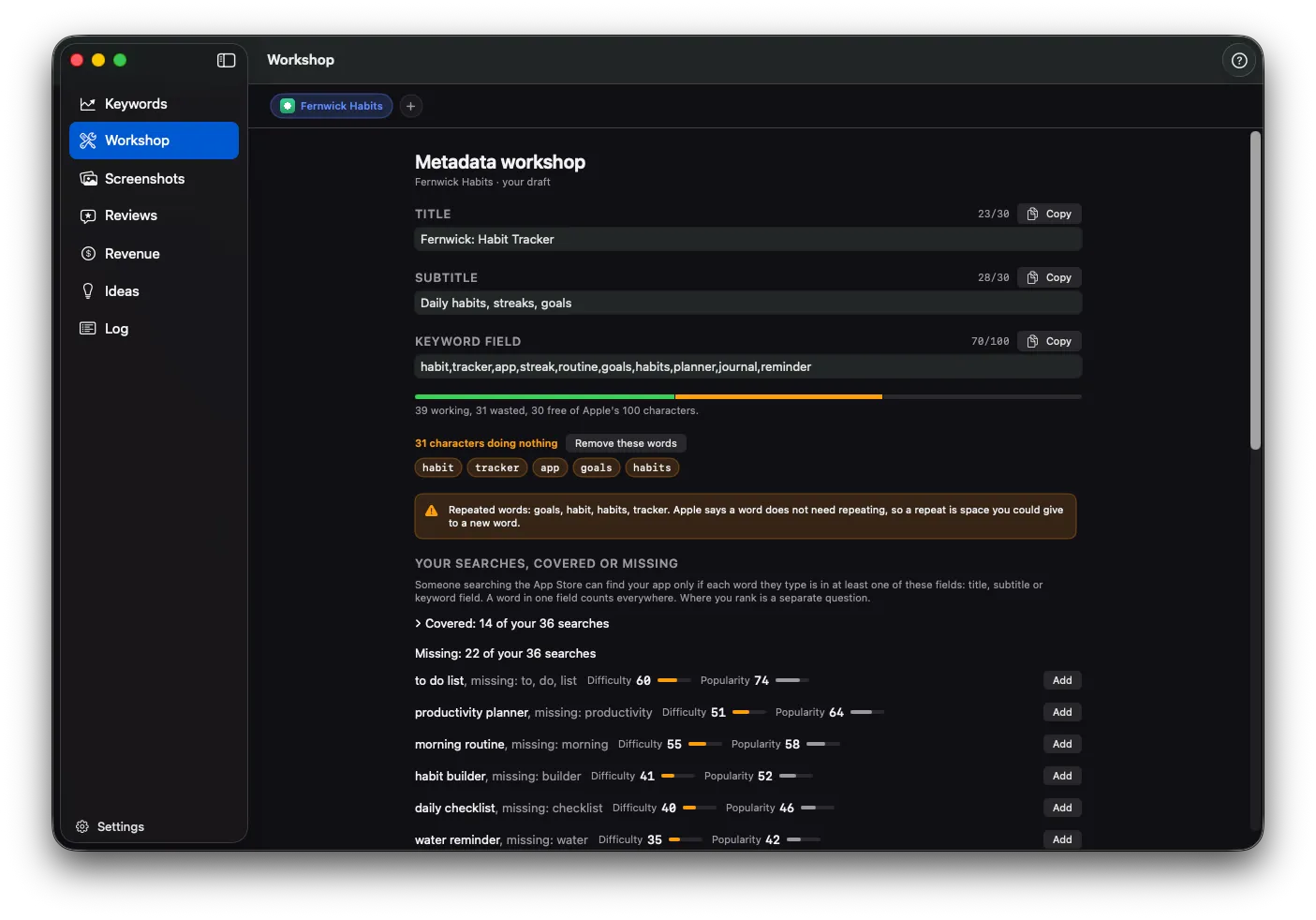 The Workshop screen: the three App Store fields with character counts, the wasted words flagged, and the list of searches the draft covers or misses.